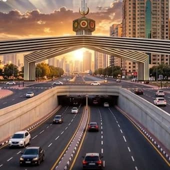 A traffic underpass beneath a monumental arch at sunset