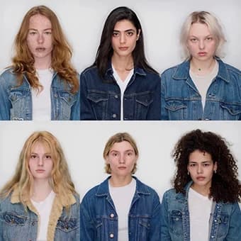 Six portraits of models in denim jackets